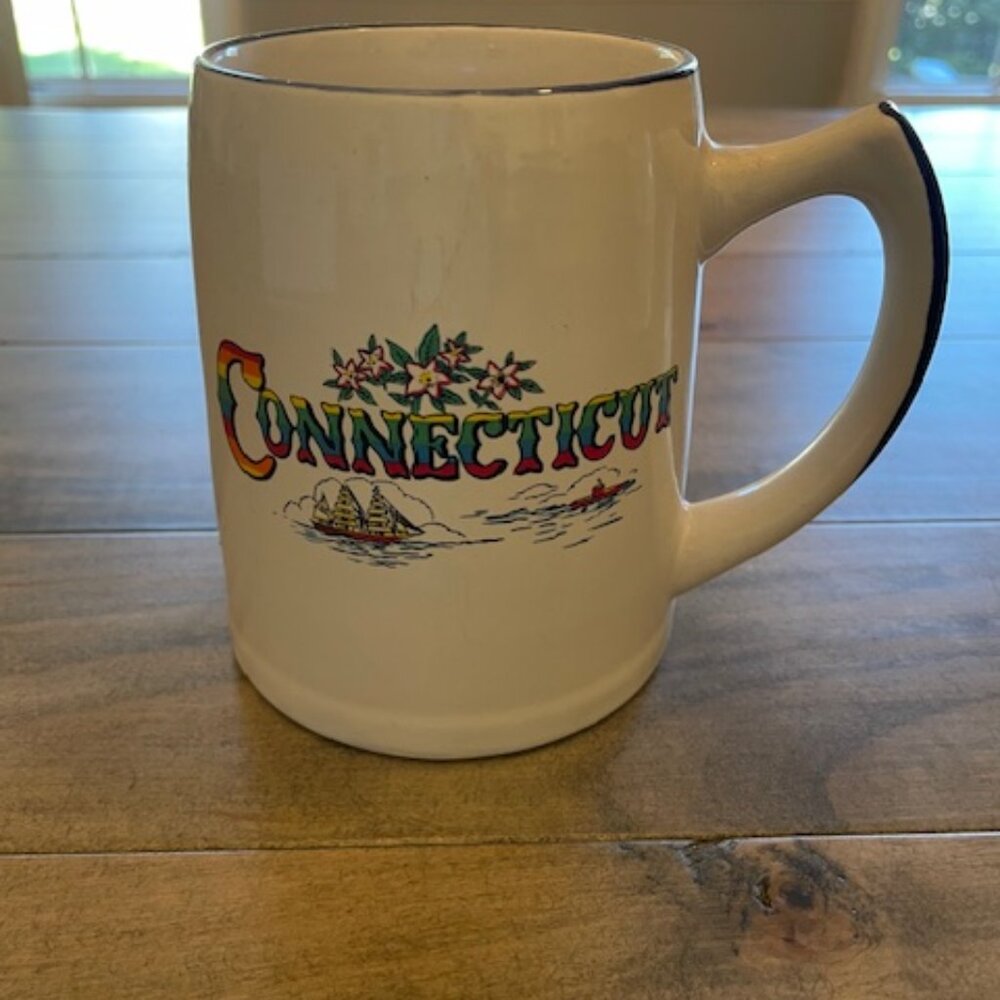 Connecticut ceramic souvenir mug with floral and ship design 4" dia x 5" t x 6"